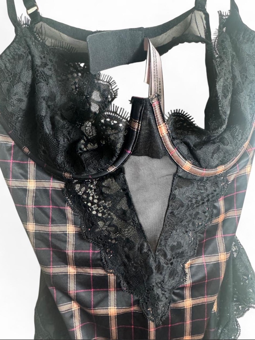 Victoria's Secret Black Plaid Lace-Trim Chemise Bodysuit - Picture 2 of 7